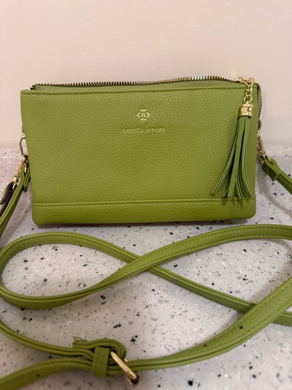 Nanette Lepore Green Pebbled Crossbody or Wristlet Bag Tassel Accent Zip Closure